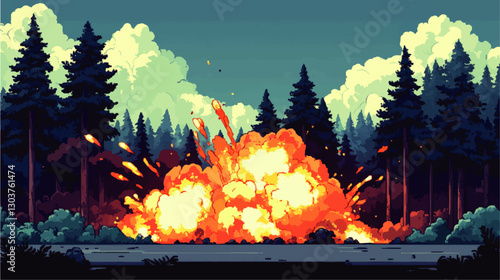 Dramatic Explosion in Forest Vector Art - Vibrant Fire and Smoke among Tall Trees with Unique Artistic Style in Lush Green Wilderness Under Blue Sky