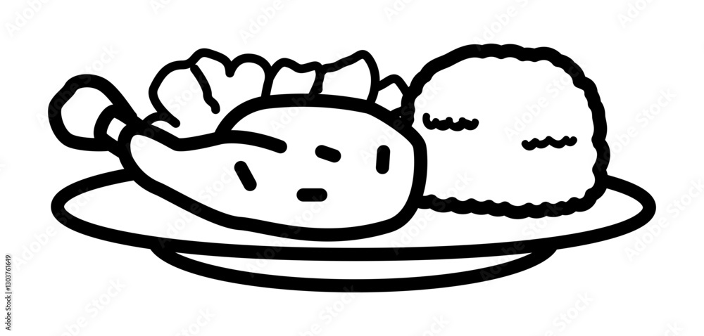 icon of a meal plate containing a drumstick chicken leg mashed potatoes or rice and a side of vegetables. icon of a meal plate containing a drumstick chicken leg mashed potatoes or rice and a side of vegetables.