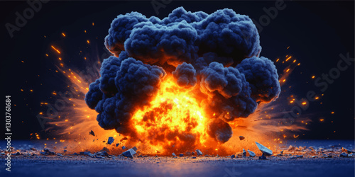 Spectacular Explosion Vector Image with Fiery Blast and Smoke Clouds - High Impact Visual for Action Movie Posters, Military Concepts, and Dynamic Design Projects