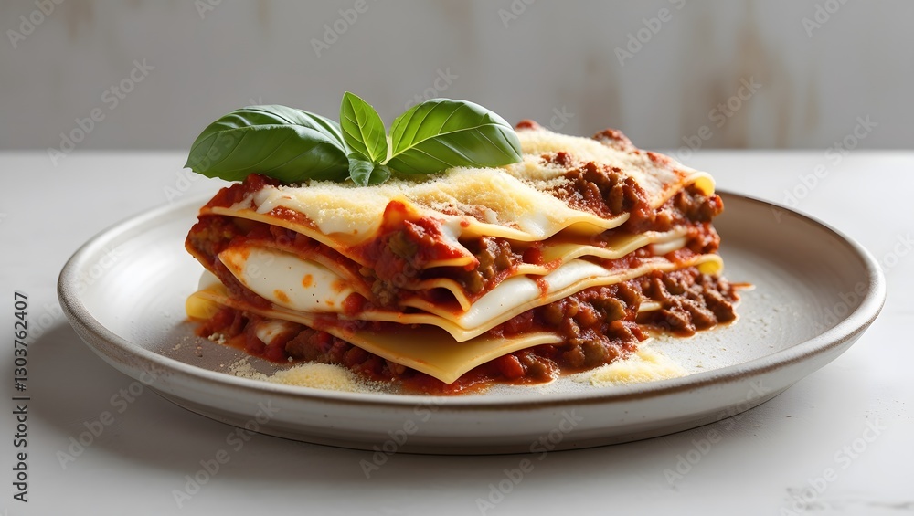 juicy slice of homemade lasagna, layers of pasta, rich meat sauce, and melted mozzarella cheese, garnished with a sprig of fresh green basil leaves and a generous sprinkle of golden grated Parmesan juicy slice of homemade lasagna, layers of pasta, rich meat sauce, and melted mozzarella cheese, garnished with a sprig of fresh green basil leaves and a generous sprinkle of golden grated Parmesan