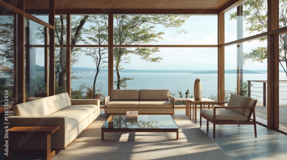 Fototapeta premium Modern Living Room with Lake View