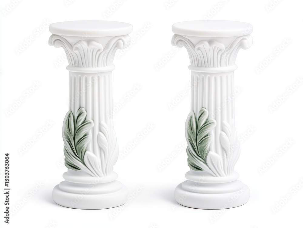 Elegant white decorative columns with green leaf accents on a clean background Elegant white decorative columns with green leaf accents on a clean background