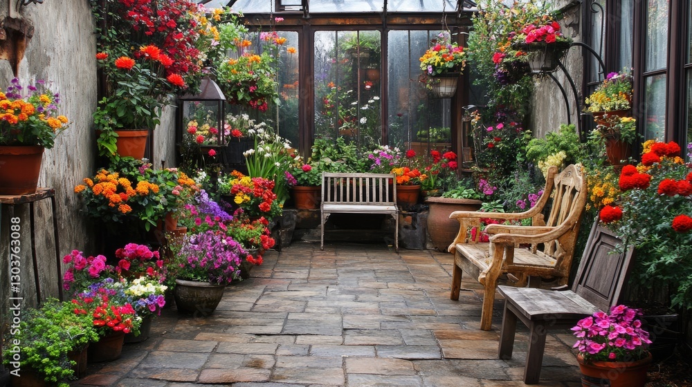 Naklejka premium Charming outdoor space with a greenhouse, colorful potted flowers, and a relaxing corner with wooden chairs.