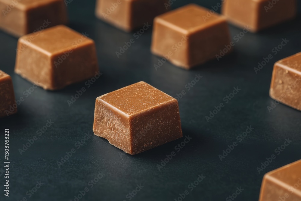 Milk chocolate cubes arranged on dark background creating delicious pattern Milk chocolate cubes arranged on dark background creating delicious pattern