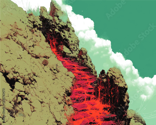 Dramatic Rocky Cliff with Vibrant Red Lava Flow Under a Bright Blue Sky and Fluffy Clouds - Stunning Natural Phenomenon Captured in Vivid Vector Illustration