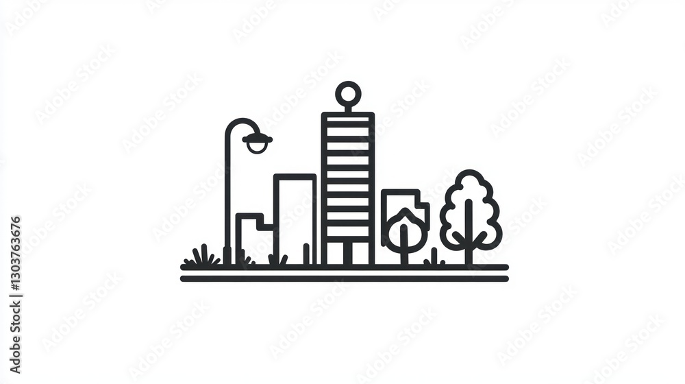 Simple line drawing cityscape with buildings and trees. Suitable for illustrations or background images. Simple line drawing cityscape with buildings and trees. Suitable for illustrations or background images.