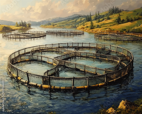Scenic Vector Illustration of Aquaculture Fish Farming in Circular Nets in Serene Lake Surrounded by Rolling Hills and Lush Greenery Under a Cloudy Sky