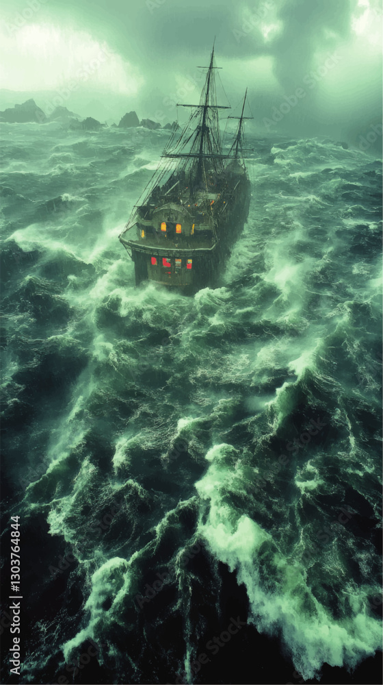 Mysterious Ghost Ship in Wild Ocean Storm Vector Artwork with Dramatic Waves and Dark Skies - Atmospheric Nautical Fantasy Scene with Glowing Ship Lights