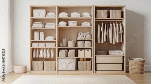 Functional and well-organized Scandinavian storage featuring wooden cabinets and light-colored baskets.