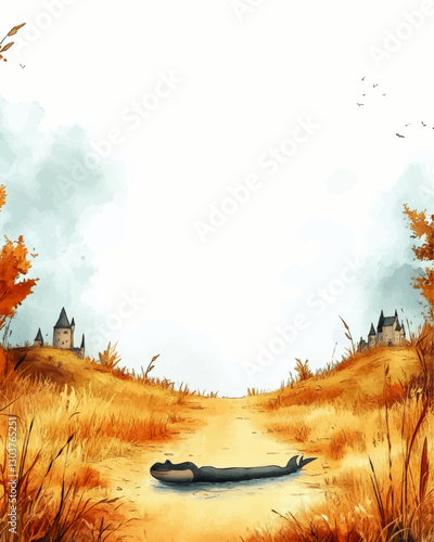 Enchanting Autumn Fantasy Landscape with Medieval Castles and Adorable Crocodile on Golden Pathway, Perfect for Storybook Themes and Whimsical Art Lovers