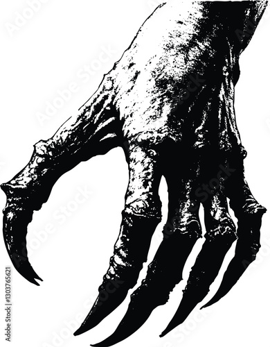 Dark, detailed illustration of a monstrous clawed hand with elongated fingers and sharp talons. Rendered in high-contrast black and white, evoking horror, gothic themes, and fantasy creature concepts 