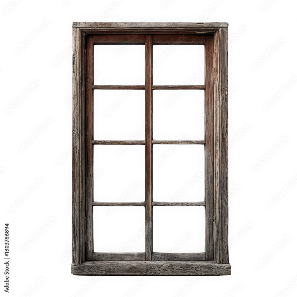 Obraz premium Old wooden window with a rustic frame and aged texture, showcasing vintage charm. Ideal for historical or architectural design projects. Isolated on transparent background, PNG.