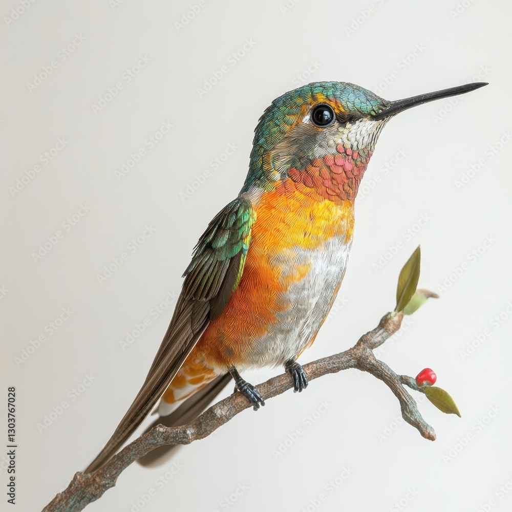 Fototapeta premium A vibrant hummingbird perched on a branch, showcasing its colorful plumage and intricate details against a neutral background.