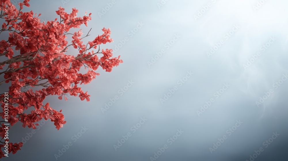 A vibrant red flowering branch set against a soft gray background. A vibrant red flowering branch set against a soft gray background.