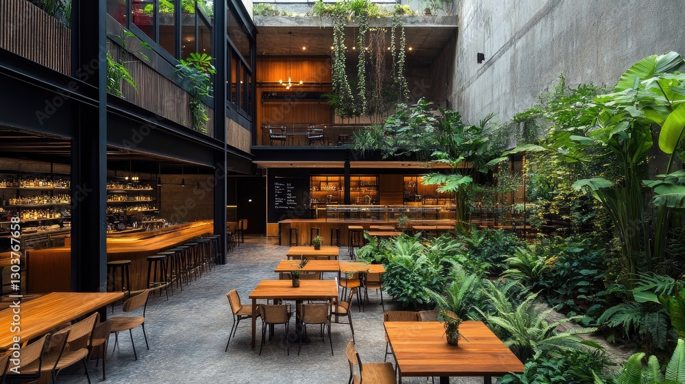 Naklejka premium Modern courtyard design with wooden furniture, vibrant plants, and an intimate greenhouse setting.