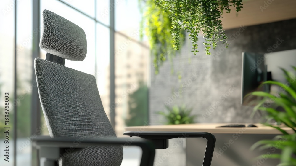 Obraz premium Modern office setup featuring an ergonomic chair, a minimalist desk, and lush greenery, creating a productive and wellness focused workspace