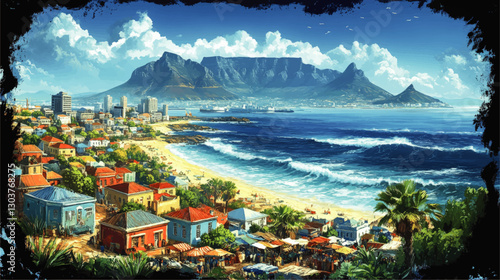 Stunning Vector Art of Cape Town's Iconic Table Mountain and Coastal Cityscape with Vibrant Architecture and Scenic Beachfront for Travel Inspiration
