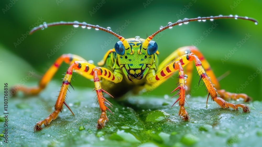 Vibrant insect encounter lush rainforest macro photography wet environment close-up view nature's adaptations Vibrant insect encounter lush rainforest macro photography wet environment close-up view nature's adaptations