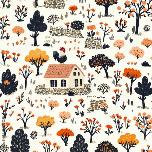Whimsical Village Vector Illustration with Cute House Rooster and Lush Foliage Featuring Various Autumnal Trees and Flowers in an Enchanting Seamless Pattern