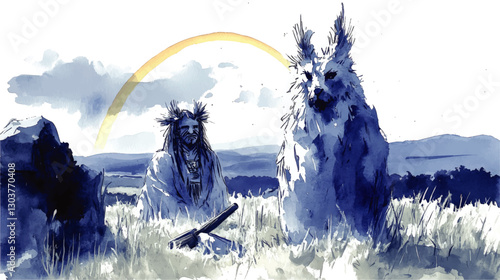 Mystical Landscape Vector Art with Indigenous Shaman, Spirit Wolf, and Vibrant Sunrise in Watercolor Style Set in Serene Hills and Grasslands