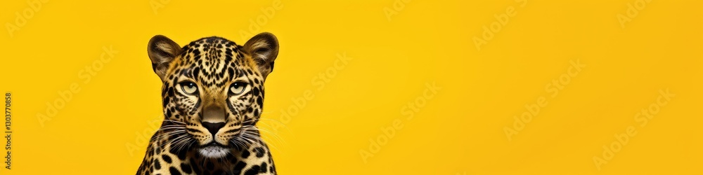 Obraz premium Majestic leopard portrait on bright yellow background. Wild feline with spotted coat. African big cat close-up. Wildlife conservation concept. Exotic animal art with copy space.