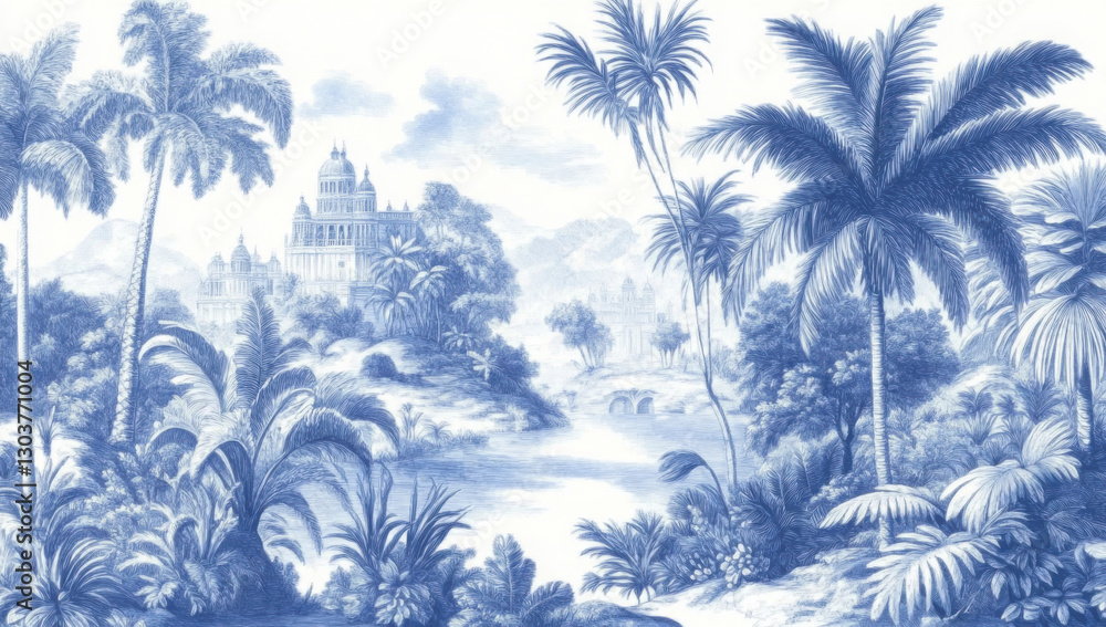 Tropical landscape painting showing buildings, palm trees and lake in monochromatic blue
Tropical landscape painting showing buildings, palm trees and lake in monochromatic blue