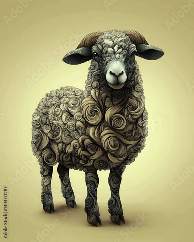 Intricate Swirl Patterned Sheep Vector Illustration - Realistic Animal Design with Detailed Wool Texture on Soft Beige Background for Digital Art and Print