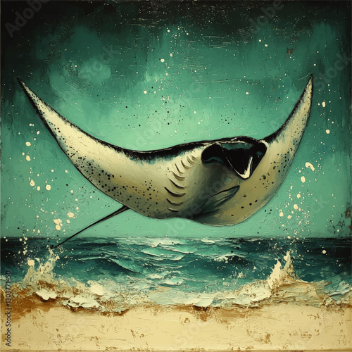 Stunning Vector Illustration of Majestic Manta Ray Soaring Over Ocean Waves in Vibrant Aqua and Beige Beach Setting - Perfect for Marine and Nature Art Lovers