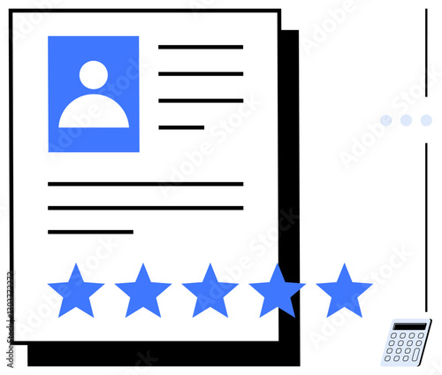 Profile sheet featuring a photo icon, details, five-star rating below text, and a small calculator. Ideal for recruitment, performance review, HR management, job application, ranking analysis