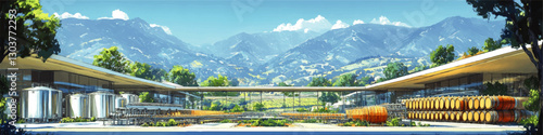 Explore Stunning Vector Art of a Modern Winery Featuring Steel Tanks and Wooden Barrels Amid a Scenic Mountain Setting with Lush Greenery and Contemporary Architecture