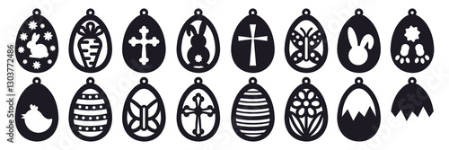 Set of vector Easter egg designs of earrings, pendant or keychain. Jewelry cutting template. Laser cut with leather, wood or metal. Cute spring hanging bijouterie stencils
