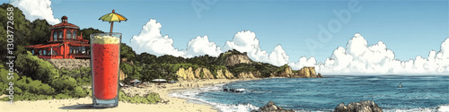 Tropical Beachfront Paradise with Refreshing Cocktail, Scenic Ocean View, Luxurious Villa, and Vibrant Umbrella - Perfect Summer Getaway Vector Illustration