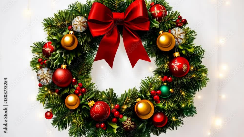 Festive holiday wreath adorned with ornaments and a red bow, showcasing seasonal colors and decorations Festive holiday wreath adorned with ornaments and a red bow, showcasing seasonal colors and decorations