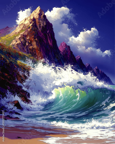 Stunning Hyper-Realistic Vector Art of Majestic Ocean Waves Crashing Against Rocky Cliffs Under Vibrant Blue Sky with Fluffy Clouds – Perfect for Wall Art Decor