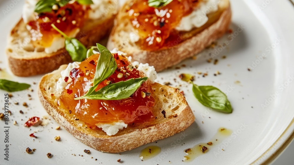 Mini bruschettas with apricot jam and goat cheese served in a warm, minimal setting Mini bruschettas with apricot jam and goat cheese served in a warm, minimal setting