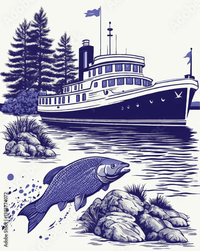 Nautical Vector Art: Vintage Ship in Scenic Lake with Jumping Fish and Pines - Perfect for Ocean Inspired Designs, Nature Illustrations, and Retro Fishing Themes