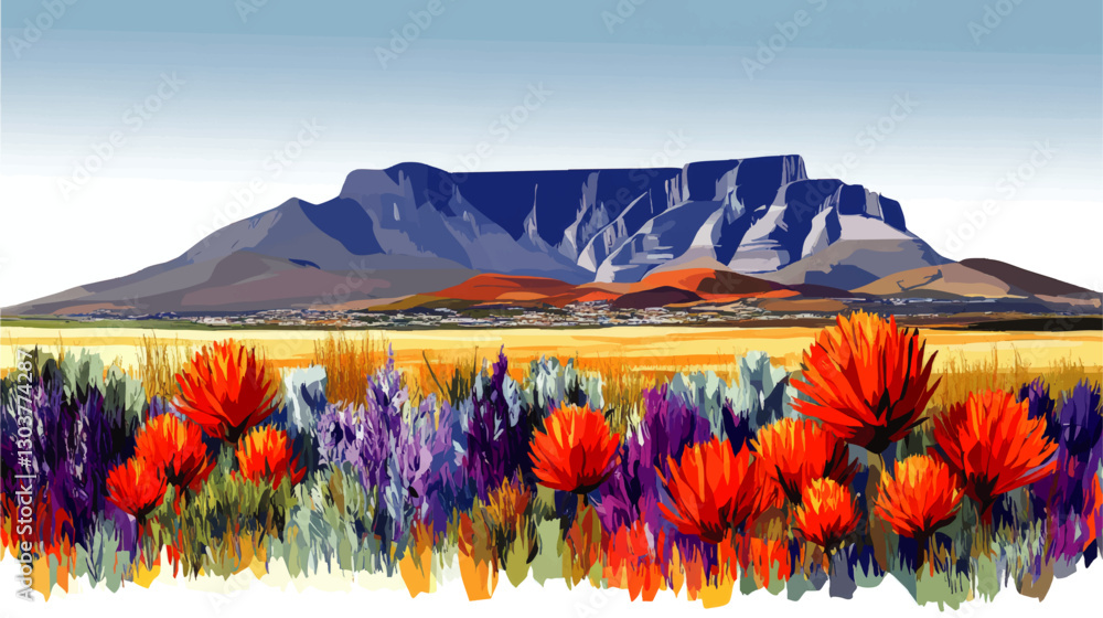 Fototapeta premium Vibrant Vector Illustration of Table Mountain with Colorful Wildflowers in Cape Town Scenic Landscape Art for Nature, Travel, Home Decor, and Graphic Design