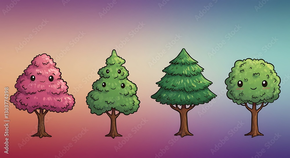 Fototapeta premium Illustration of cute trees in a row - Nature's diversity - Children's book or educational material.