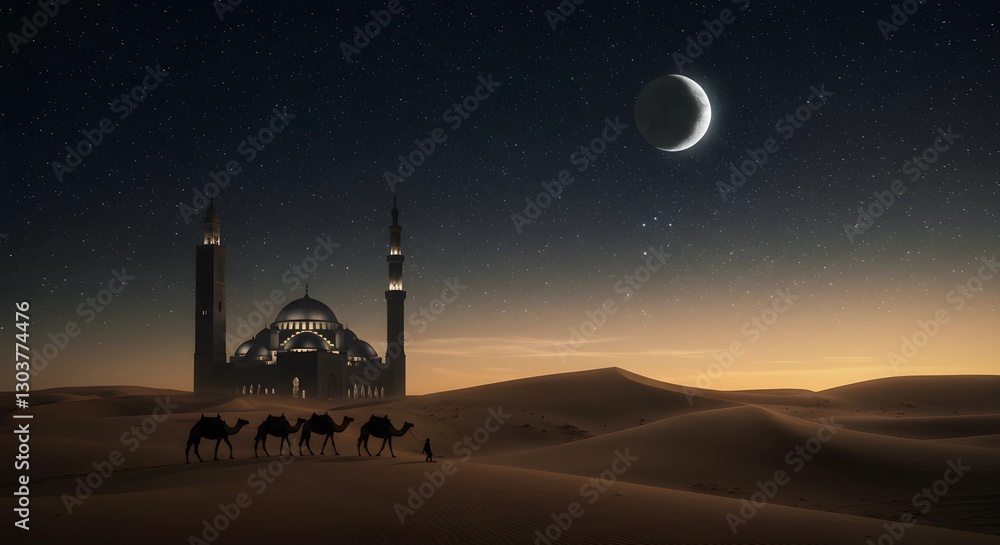 Obraz premium A serene desert scene at dusk with a camel and a mosque silhouette under a crescent moon
