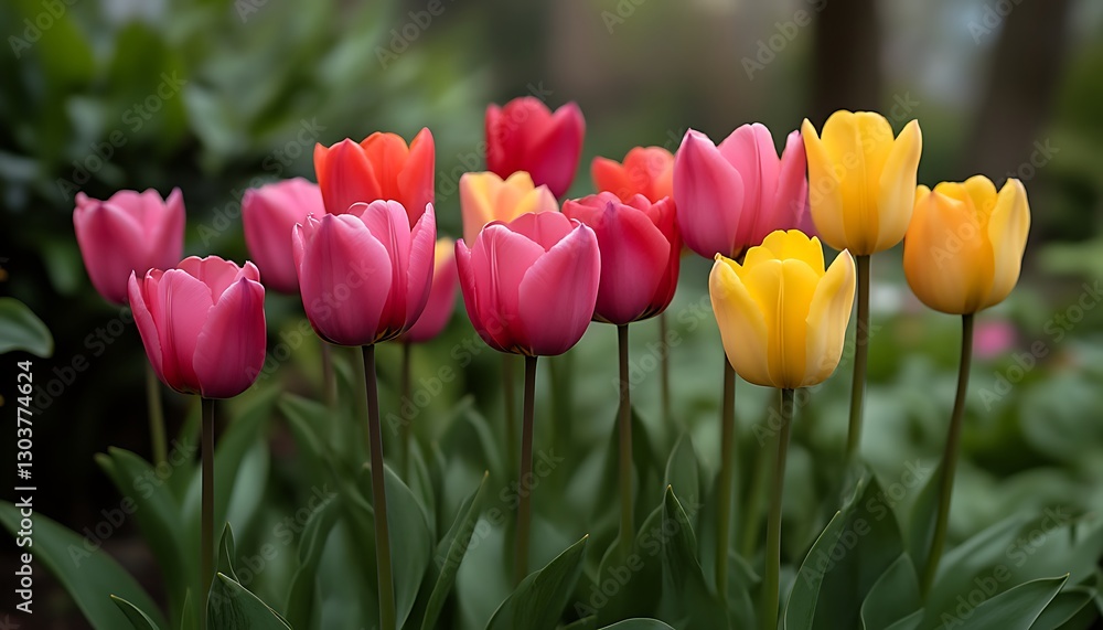 Colorful tulips blooming in a garden bed Colorful tulips blooming in a garden bed