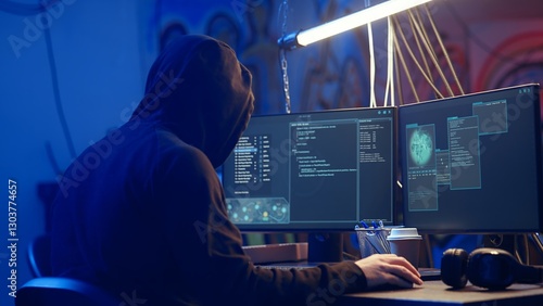 Hooded hacker creating pirating crack for software and video game releases in bunker. Rogue programmer getting past anti tamper measures implemented by companies to protect their products, camera A