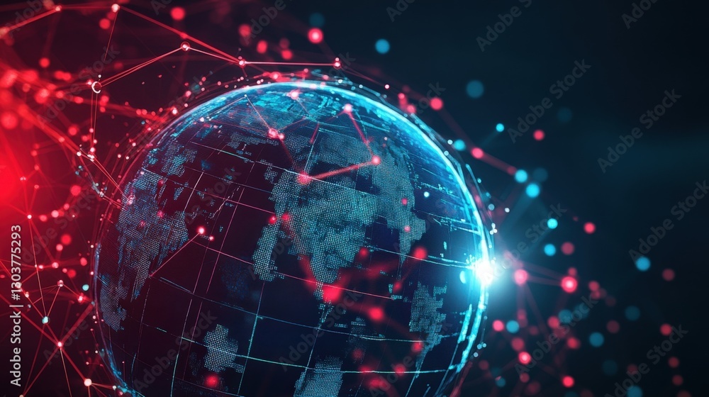 An abstract representation of a globe with illuminated lines connecting various nodes symbolizing global business connectivity overlaid with dynamic digital icons like video calls and An abstract representation of a globe with illuminated lines connecting various nodes symbolizing global business connectivity overlaid with dynamic digital icons like video calls and