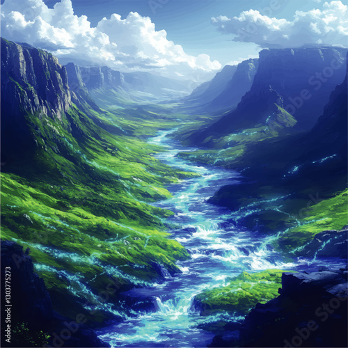 Stunning Vector Landscape of Serene River Flowing Through Majestic Green Canyon with Blue Skies and Vibrant Clouds – Perfect Nature Art for Print Decor