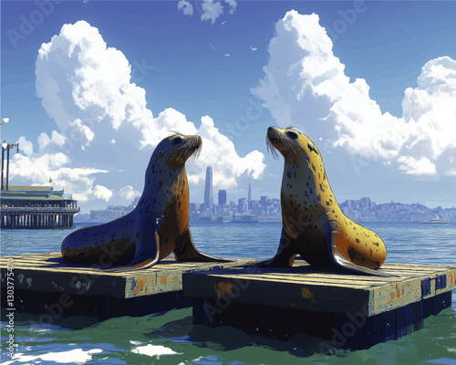 Spectacular Vector Art of Sea Lions on Dock with San Francisco Skyline Background Under Clear Blue Sky and Fluffy Clouds - Perfect for Coastal Wildlife Lovers