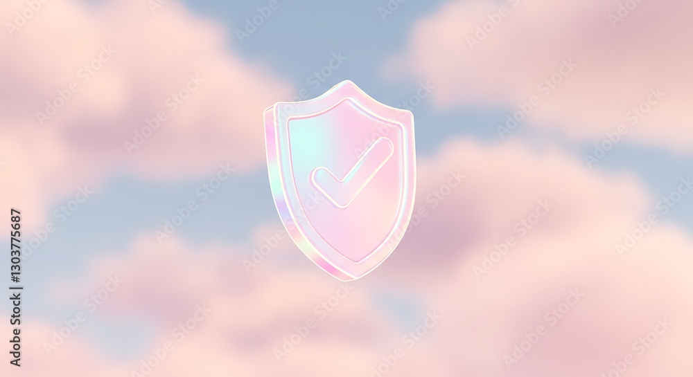 Fototapeta premium Illustration of holographic shield with checkmark over pastel clouds - safety for digital media