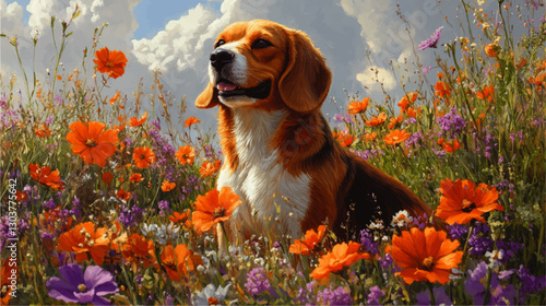 Charming Beagle in Vibrant Wildflower Meadow - Vector Art of Happy Dog Amidst Colorful Flowers and Serene Blue Sky, Perfect for Pet and Nature Lovers