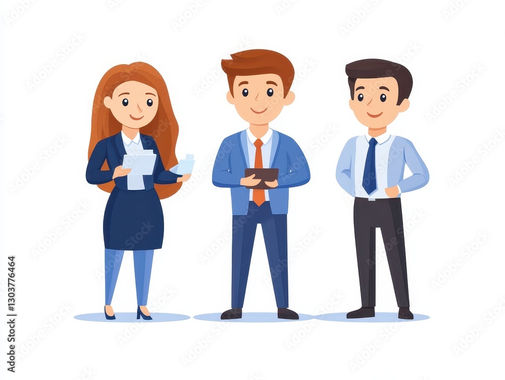 Three professionals engaged in a discussion with documents and a tablet in a bright office Three professionals engaged in a discussion with documents and a tablet in a bright office
