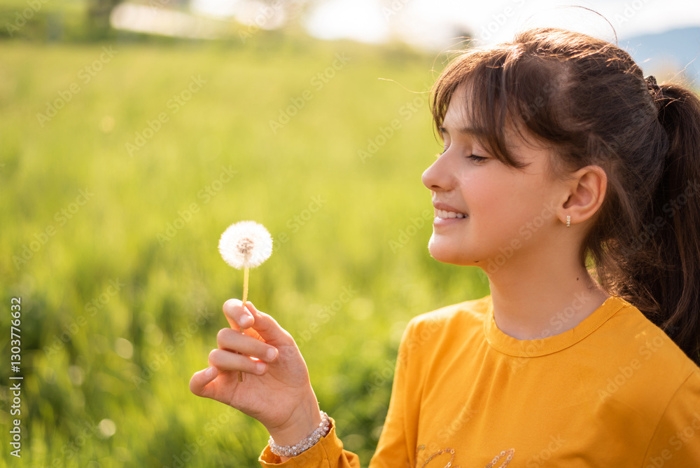 A happy girl blowing dandelion in the spring park. A happy girl blowing dandelion in the spring park.