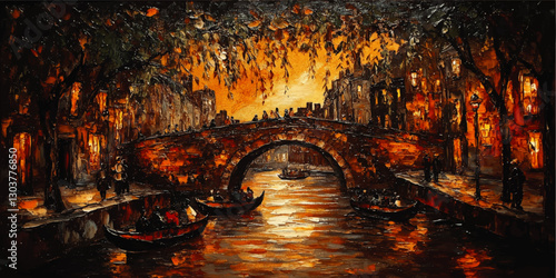 Enchanting Canal Bridge in Evening Glow: A Captivating Vector Art with Boats and Autumn Foliage in Warm Tones, Exquisite Reflections of Urban Serenity