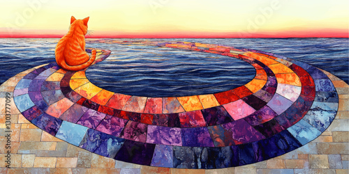 Vibrant Cat on Colorful Mosaic Path Gazing at Ocean Sunset - Stunning Vector Art of Feline Serenity with Multicolor Abstract Waves and Sky